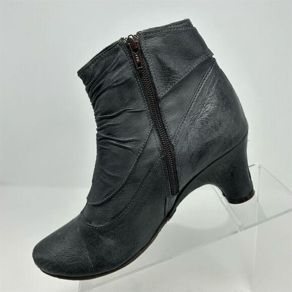 Women's Blue Gray Leather Heeled Ankle Boots Size 38 Bow Detail Ruched - Picture 3 of 14